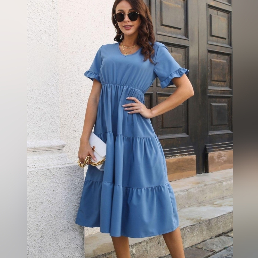 Blue V-Neck Ruffle Sleeve Midi Dress
